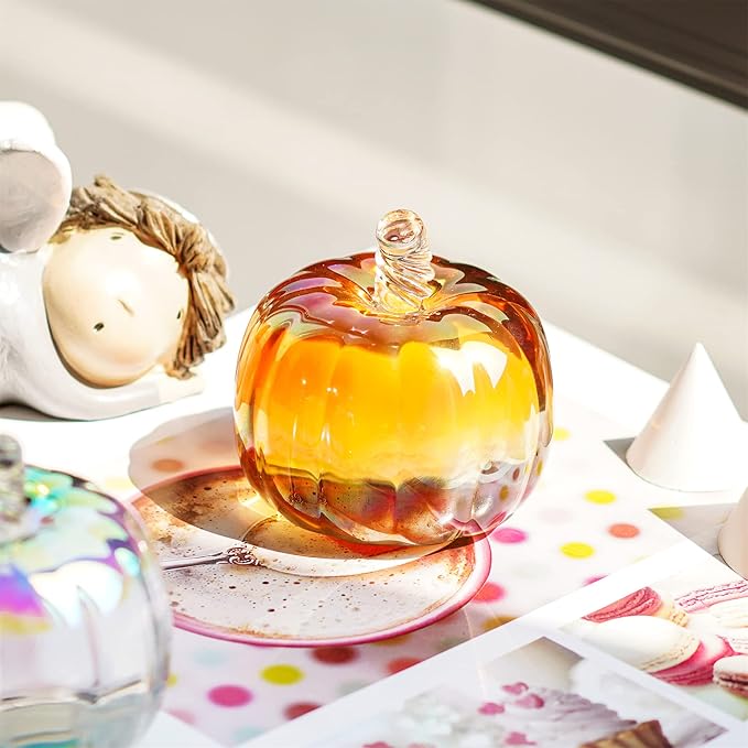 HDCRYSTALGIFTS 2.8inch Brown Striped Crystal Pumpkin Figurine Collectible Glass Pumpkins DecorTable Accent for Fall Harvest Decorating