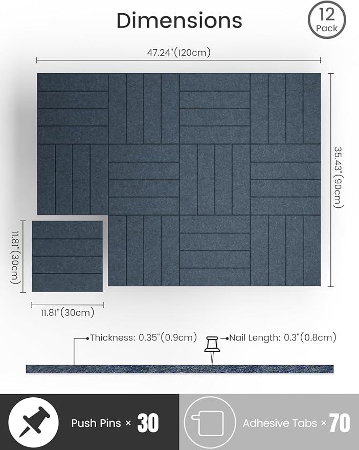 Bumusty Large Cork Board Alternative-47 x35 Felt Bulletin Board Tiles, with 30 Pushpins, 70 Adhesive Tabs, 12-Pack Slat Wall Paneling, Cork Boards for Office Push Pin Board Felt Board-Denim Blue