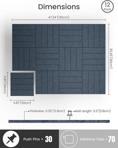Bumusty Large Cork Board Alternative-47 x35 Felt Bulletin Board Tiles, with 30 Pushpins, 70 Adhesive Tabs, 12-Pack Slat Wall Paneling, Cork Boards for Office Push Pin Board Felt Board-Denim Blue