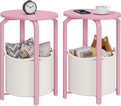 TUTOTAK Small Side Table, Oval End Table, Night Stand, Bedside Table, Set of 2, Sofa Table with Storage Basket, Living Room, Bed Room, Pink TB01BP0932