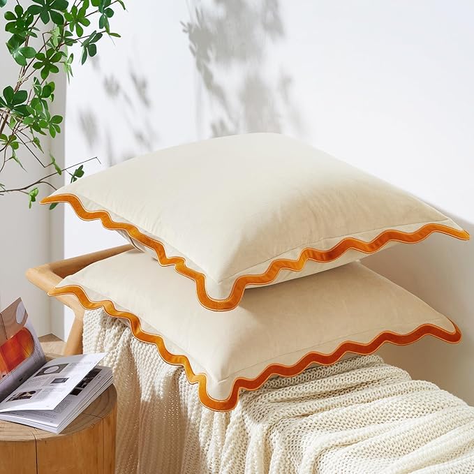 MONDAY MOOSE Decorative Throw Pillow Covers Cushion Cases, Set of 2 Soft Velvet Scalloped Wavy Edge Designs, Mix and Match for Home Decor, Pillow Inserts Not Included (Honey/Cream, 22x22 inch)