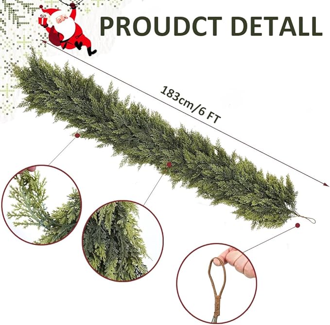 6ft 1Pcs Christmas Cedar Garland Artificial Realistic Soft Thick Green Faux Lush Cedar Pine Garland for Fireplace Mantel Stairs Doorframe Table Porch Indoor Outdoor Holiday Decor