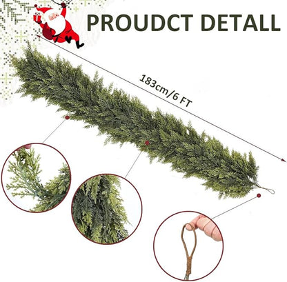 6ft 1Pcs Christmas Cedar Garland Artificial Realistic Soft Thick Green Faux Lush Cedar Pine Garland for Fireplace Mantel Stairs Doorframe Table Porch Indoor Outdoor Holiday Decor