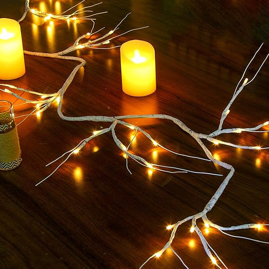 LOMIMOS 6FT Spring Lighted Birch Garland,Battery Operated Twig Vine with Timer 48 Lights for Xmas Spring Thanksgiving Wedding Party Decoration Fireplace Mantle Wall