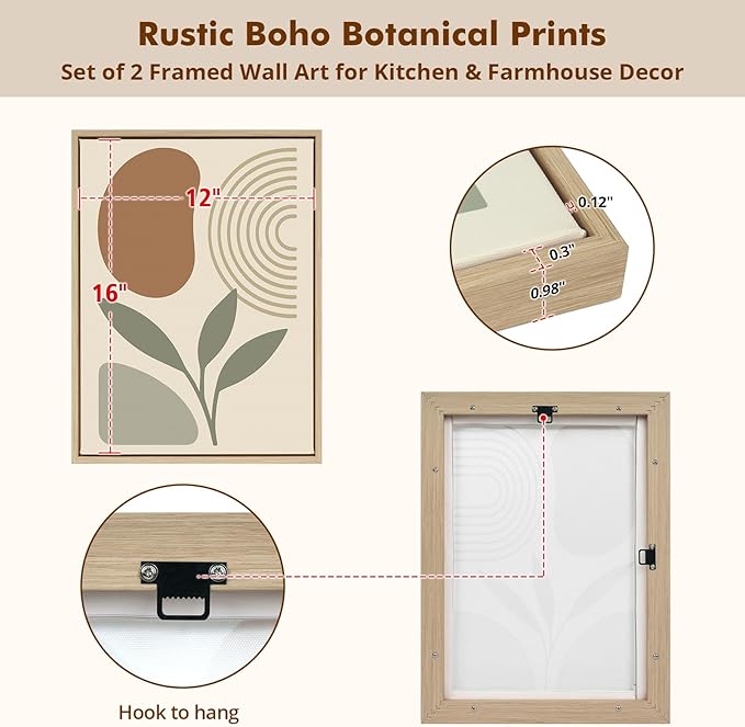 DAJONART Boho Abstract Wall Art Set of 2, Sage Green & Burnt Orange Geometric Prints Duo Framed Canvas for Japandi, Mid Century Modern, Neutral Room Decor,Minimalist Earth-Tone Art,12x16 in