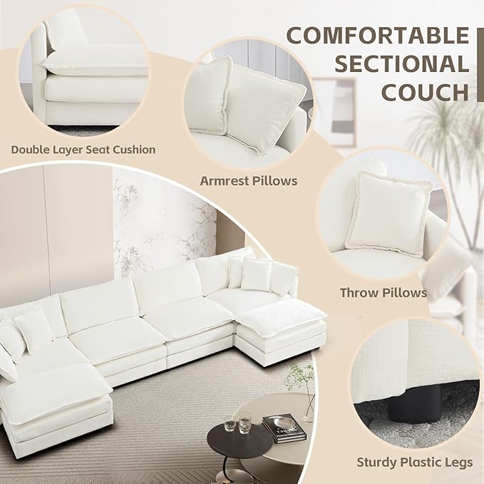 SoarFlash Chenille Sectional Sofa, Comfy L/U Shaped Modular Coush Sofa with Ottoman, Modern 4 Seat Couch Deep Seat Sofa Set for Living Room,White