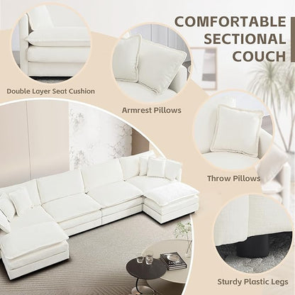 SoarFlash Chenille Sectional Sofa, Comfy L/U Shaped Modular Coush Sofa with Ottoman, Modern 4 Seat Couch Deep Seat Sofa Set for Living Room,White