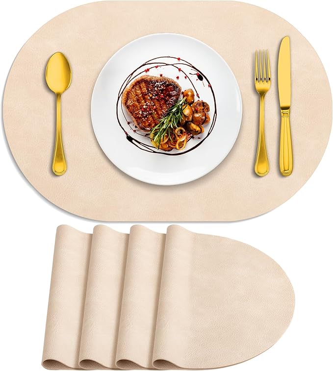ADRIMER Placemats, Heat Resistant Oval Placemats Set of 4 Washable 12 x 17 Inch, Waterproof Table Mats, Wipeable Pu Place Mats for Kitchen, Dining Room, Beige