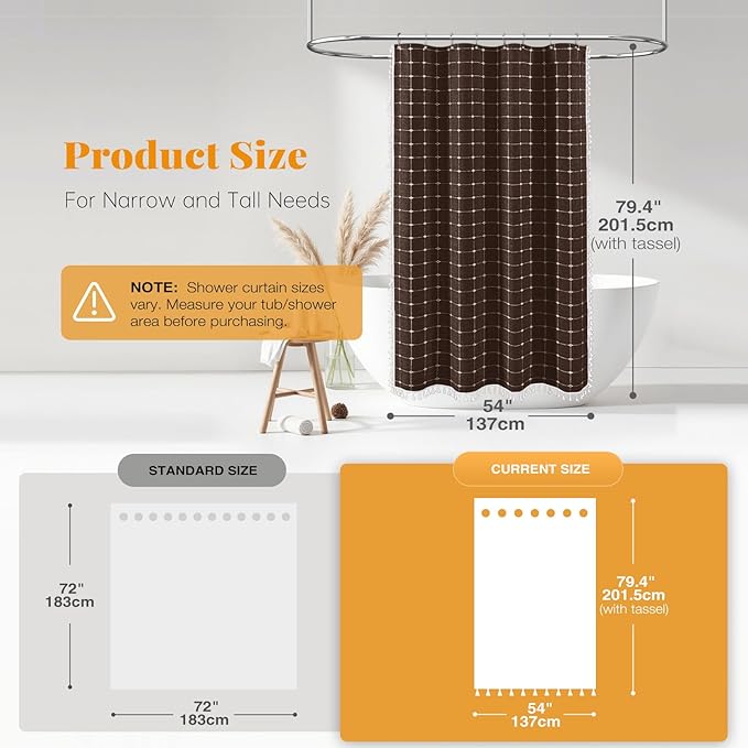 BTTN Stall Fabric Shower Curtain - 54x78 Inches Boho Linen Heavy Duty Tassel Shower Curtain Set with 10 Hooks, Narrow Rustic Modern Farmhouse Neutral Cloth Thick Shower Curtains for Bathroom - Brown