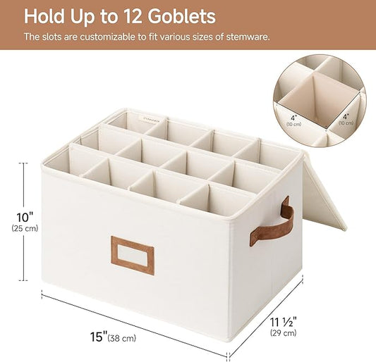 StorageWorks Stemware Storage Cases, Hard Shell Wine Glass Storage Box with Dividers for Glassware, Crystal, and China Holds 12 Standard Size Wine Glasses, 1 Pack, Beige