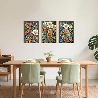 HOURIA Retro Boho Flower Framed Canvas Wall Art Set,Colorful Wilderness Floral with Green Leaves Wall Decor,Nature Botanical Wall Painting,Vintage Bouquet Art Prints for Living Room, Bedroom-24"x36"x3