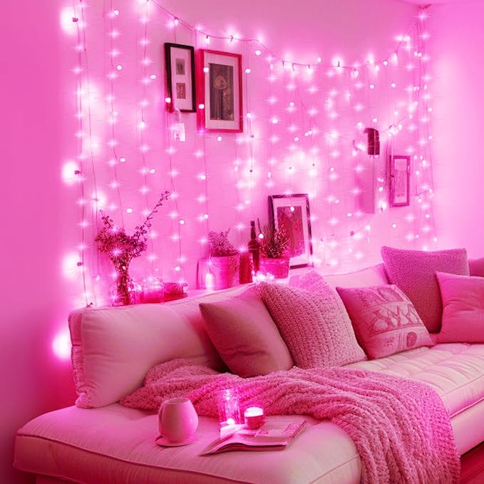 Minetom Curtain Lights, 300 LED Dimmable Fairy Lights with Remote and Timer, 8 Modes, USB Powered String Lights for Room Wall Party Xmas Indoor Decor, Pink