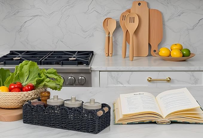 CubesLand Toilet Paper Storage Basket Scalloped Edge Home Decor Basket, Living Room Cozy Decor, Paper Rope Small Baskets for Over Toilet Storage Shelf, Shelves, with 2 Wooden Handles, Black