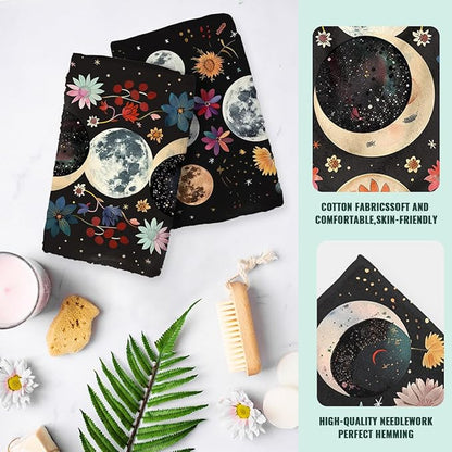 Aesthetic Moon Flower Kitchen Towels Set of 2 Decorative Stars Plant Floral Tabletop Decor Moon Flower