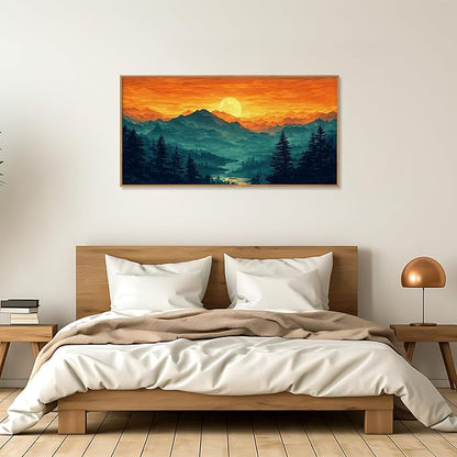 HOURIA Large Sunrise Mountain Forest Landscape Framed Canvas Wall Art Set,Orange Sky Green Ridge Wall Decor,Nature Pine Tree Artwork,Boho Watercolor Art Print for Living Room, Bedroom- 40"x20"x1