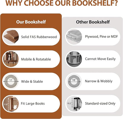 Solid Wood Rotating Bookshelf on Wheels, 6 Tier, Round Revolving Bookcase, 360° Spinning Book Shelf Tower for Kids, Narrow Rolling Bookshelves for Small Space, Corner, Bedroom, Office, Walnut