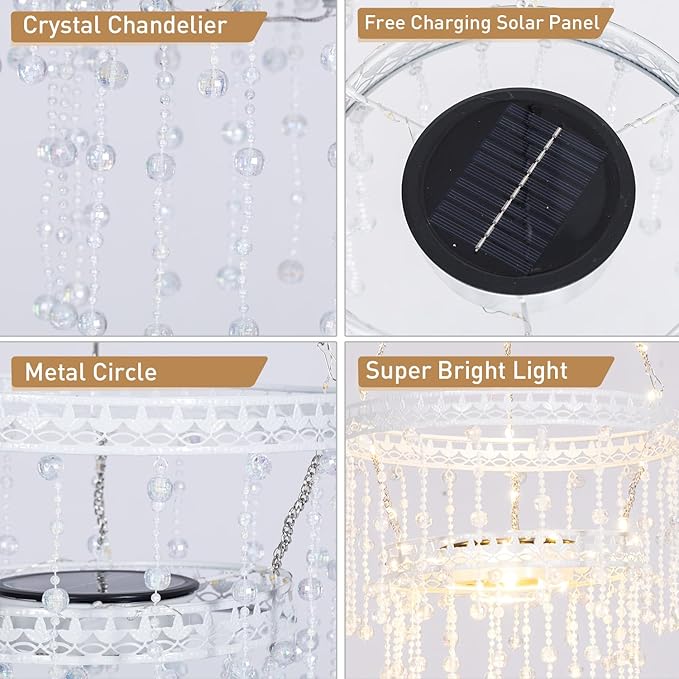 Solar Hanging Crystal Chandelier Outdoor Garden Decorative Lights Powerful Lithium Battery 54 Warm White LEDs Waterproof Hanging Lantern for Garden, Yard, Patio, Gazebo, Party, Wedding 2 Tier