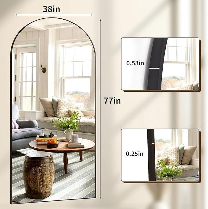 78"x38" Arched Full Length Mirror Floor Mirrors with Aluminum Alloy Frame Free-Standing Wall Mounted Floor Mirrors or Large Dressing Mirror, Black Mirror Full Length