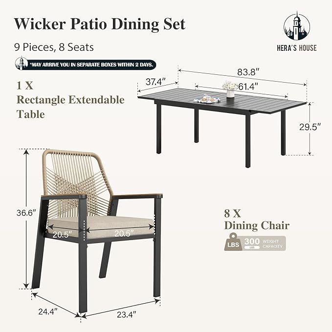 HERA'S HOUSE 9 Pieces Patio Table and Chairs Set, Outdoor Dining Set for 8, 8 x Cushioned Rattan Patio Chairs and 1 x Extendable Dining Table, Outdoor Rattan Dining Table Set for Lawn Garden Backyard