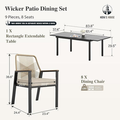 HERA'S HOUSE 9 Pieces Patio Table and Chairs Set, Outdoor Dining Set for 8, 8 x Cushioned Rattan Patio Chairs and 1 x Extendable Dining Table, Outdoor Rattan Dining Table Set for Lawn Garden Backyard