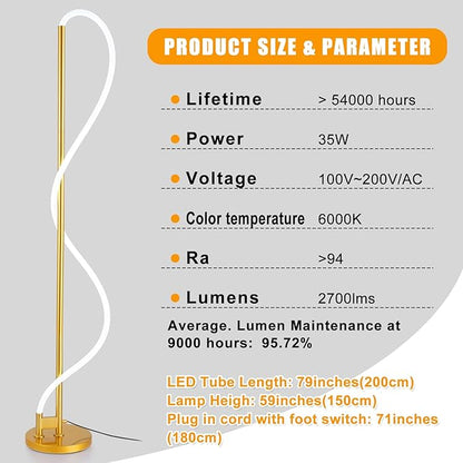 Modern LED Gold Floor Lamp, 3-Level Dimmable Flexible DIY Modeling Tall Standing Lamp, 35W/2700lm Ultra Bright White Light Corner Floor lamp For Bedroom, Living Room, Office