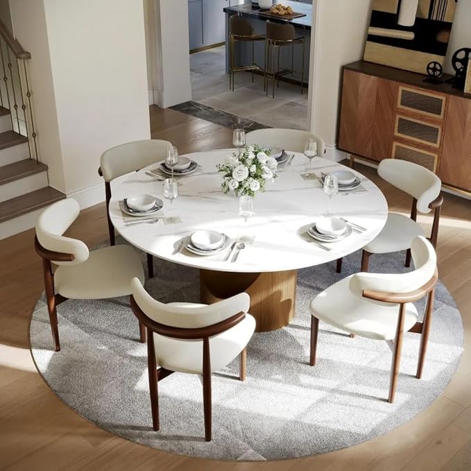 POVISON Round Dining Table for 4-6, 60" Glossy White Sintered Stone Tabletop with Bronze Carbon Steel Pedestal