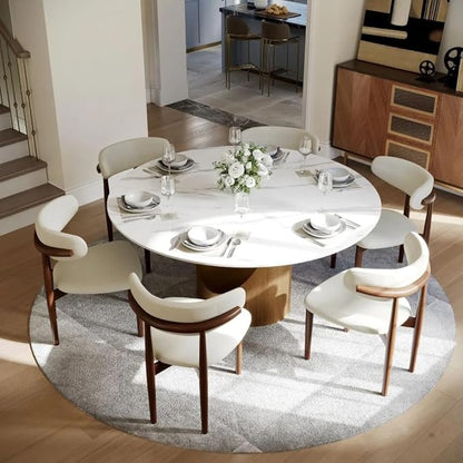 POVISON Round Dining Table for 4-6, 60" Glossy White Sintered Stone Tabletop with Bronze Carbon Steel Pedestal