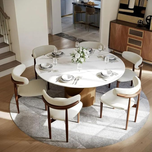 POVISON Round Dining Table for 4-6, 60" Glossy White Sintered Stone Tabletop with Bronze Carbon Steel Pedestal