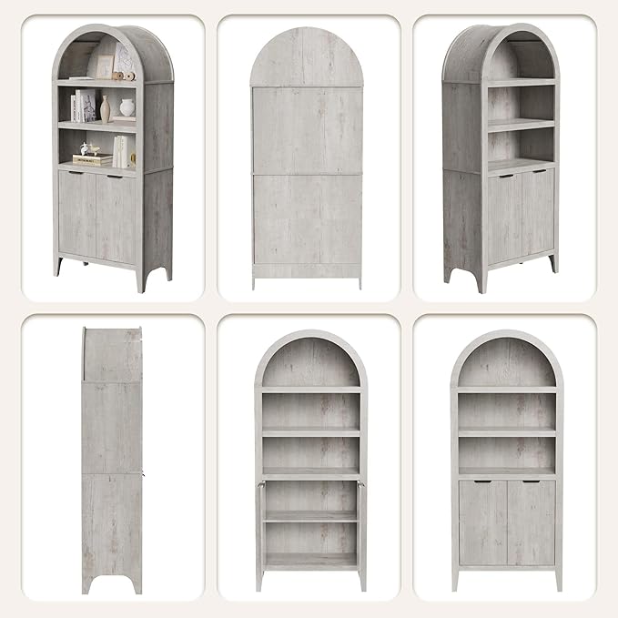 blini Tall Arched Bookcase with Doors, Wooden Arch Bookshelf 5-Tier Rounded Bookshelf Multi-Depth Display Storage Cabinet for Living Room