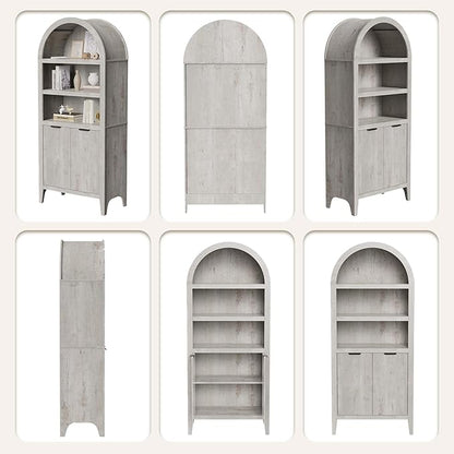 blini Tall Arched Bookcase with Doors, Wooden Arch Bookshelf 5-Tier Rounded Bookshelf Multi-Depth Display Storage Cabinet for Living Room