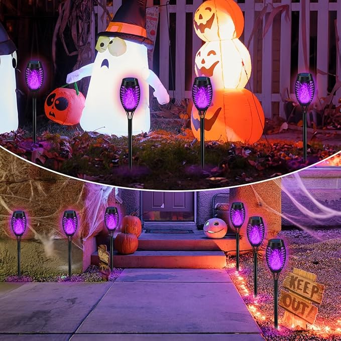 IkeeRuic Halloween Decorations Outdoor, Purple Halloween Solar Lights with Flickering Flame, Solar Torch Lights for Yard Decorations, Waterproof Outdoor Lighting for Garden Pathway Patio Outside Decor