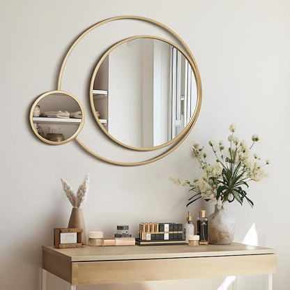 LuxenHome 31.5"x25.5" Round Wall Mirror, Orbit Modern Gold Metal Frame Wall Mounted Circles Decorative Accent Mirror for Bathroom Entryway, Bedroom, Living Room, Dining Room