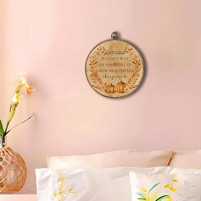 Hxlac Vintage Autumn Round Wall Art Framed, Farmhouse Fall Pumpkin Round Wall Decor, Autumn Is God's Way Thanksgiving Hanging Canvas Prints Wall Sculptures for Home Room Bedroom Decor, 10x10 Inch