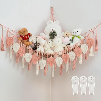 Pretty Jolly Stuffed Animal Storage with Hand Woven Leaf Tassels Hammock Corner Hanging Net Boho Macrame Storage for Kid Room Nursery Decor Corner Wall Display Organizer for Girls Gift(Leather Pink)