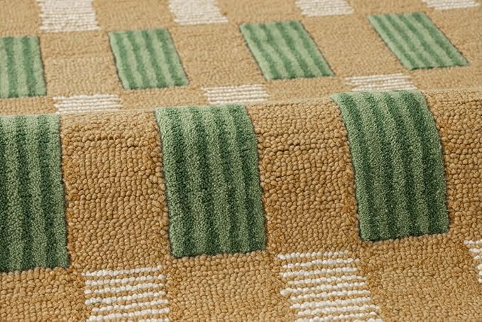 Hand-Tufted Wool Area Rug with Scalloped Edges, Beige and Green Plaid Pattern, Cozy and Soft Accent Rug for Living Room, Bedroom, and Nursery, Handmade Decorative Rug, 5x8 Ft