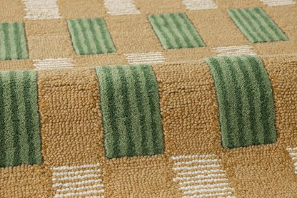 Hand-Tufted Wool Area Rug with Scalloped Edges, Beige and Green Plaid Pattern, Cozy and Soft Accent Rug for Living Room, Bedroom, and Nursery, Handmade Decorative Rug, 1x1 Ft (Sample)