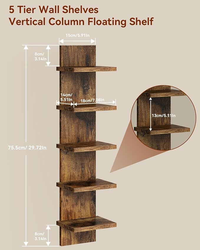 IBUYKE 5 Tier Wall Shelf Unit,Brown Vertical Shelf,Decorative Wall Mount Vertical Shelving for Home, Bedroom,Living Room,Office Decor WBC009H