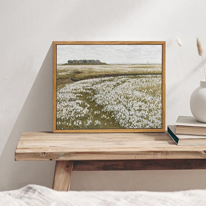 KBKBART Framed Vintage Wall Art Prints, Retro Countryside Flower Field Nature Wilderness Canvas Painting Farmhouse Decor Wall Art, Rustic Landscape Wall Decor for Bathroom, Bedroom Living Room,