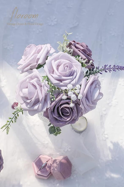 Floroom Artificial Flowers 25pcs Real Looking Lavender African Violet Purple Foam Fake Roses with Stems for DIY Wedding Bouquets Bridal Shower Centerpieces Floral Arrangements Party Tables Decorations