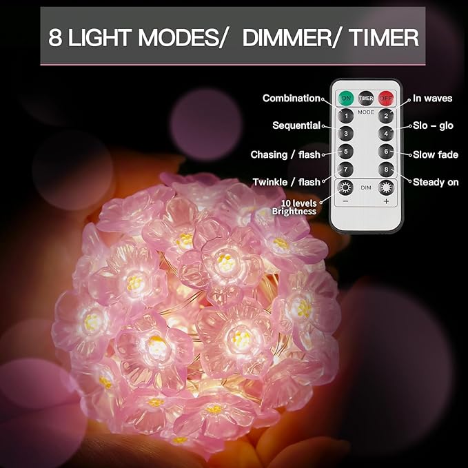 suddus Cherry Blossom Lights, 12.8 ft 40 LED Flower String Lights Battery Operated with Remote, Decorative Pink Fairy Light for Bedroom, Holiday, Partry, Indoor