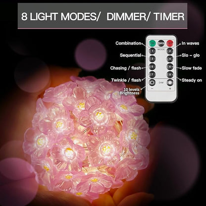 suddus Cherry Blossom Lights, 12.8 ft 40 LED Flower String Lights Battery Operated with Remote, Decorative Pink Fairy Light for Bedroom, Holiday, Partry, Indoor