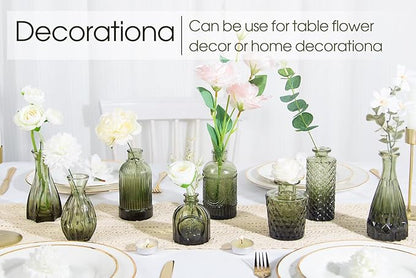 12pcs Green Glass Bud Vases Set, Small Vases for Flowers, Bud Vase for Centerpieces in Bulk, Mini Vintage Vase for Wedding Decorations, Office and Home Table Flower Décor