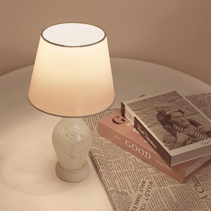 ONEWISH Table Lamps for Bedroom Set of 2, 14" Small Bedside Nightstand Lamp, Wine Bottle Shape Glass Body, Bulb Included, White