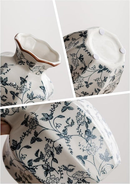 Blue and White Vase, Vintage Blue Ceramic Flower Vessel,Ceramic vases for Home Decor,Vintage Green and Beige for Console Table Mantle Chinoiserie Decor (Retro-01, Small)