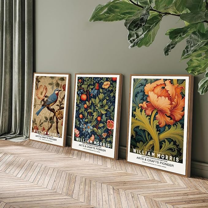 ILLBDR William Morris Framed Wall Art Vintage Bird Canvas Wall Art Set of 3 Colorful Floral Prints Botanical Artwork Classic Aesthetic Pictures Decor for Bedroom Living Room 16x24 Inch