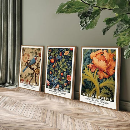 ILLBDR William Morris Framed Wall Art Vintage Bird Canvas Wall Art Set of 3 Colorful Floral Prints Botanical Artwork Classic Aesthetic Pictures Decor for Bedroom Living Room 16x24 Inch