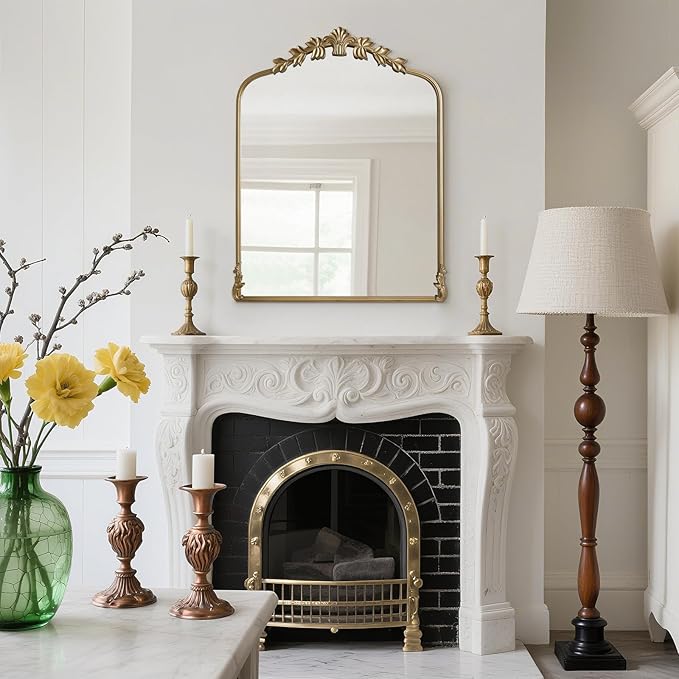 WallBeyond Gold Antique Mirror for Vanity 28x36 Inch, Gold Vintage Mirror with Ornate Frame, Arched Vintage Wall for Bathroom, Living Room, Fireplace