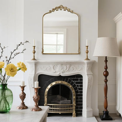 WallBeyond Gold Antique Mirror for Vanity 28x36 Inch, Gold Vintage Mirror with Ornate Frame, Arched Vintage Wall for Bathroom, Living Room, Fireplace