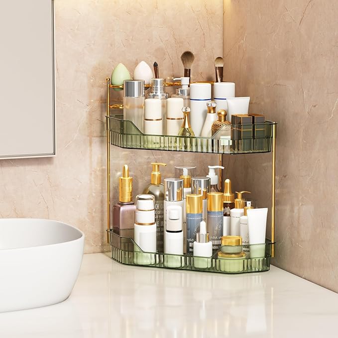 Corner Bathroom Counter Organizer with Makeup Brush Holder & Toothbrush Holders, Makeup Organizer for Vanity Countertop, Acrylic Skincare Storage Shelf (Green, 2-Tier)