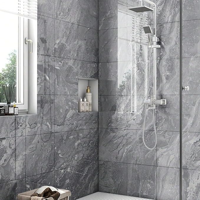 22pcs Marble Peel and Stick Backsplash Waterproof Washroom Wall Panels, Peel and Stick Tile, PVC Foam Wall Panels for Kitchen,Bathroom,Living Room,Grey (Not Real Tile,11.8" x 11.8")